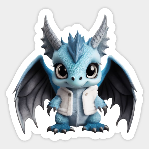 Cute Blue Baby Dragon Wearing a Warm Jacket Sticker by Cuteopia Gallery